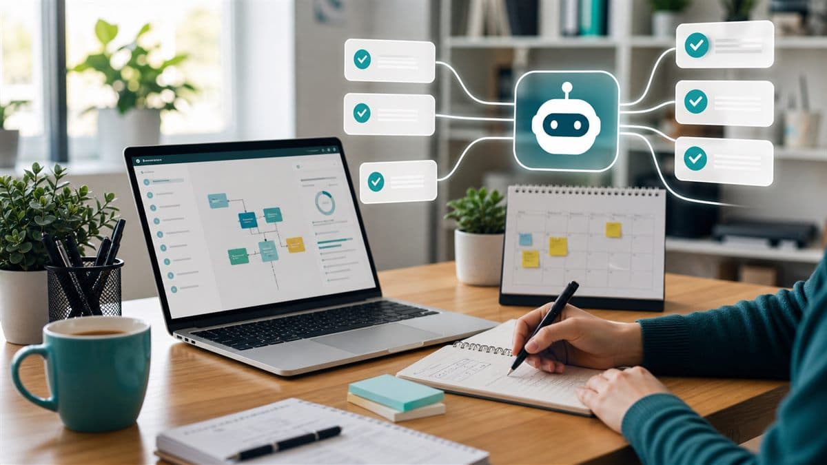 Fluxo de trabalho com IA automatizando tarefas repetitivas com etapas organizadas