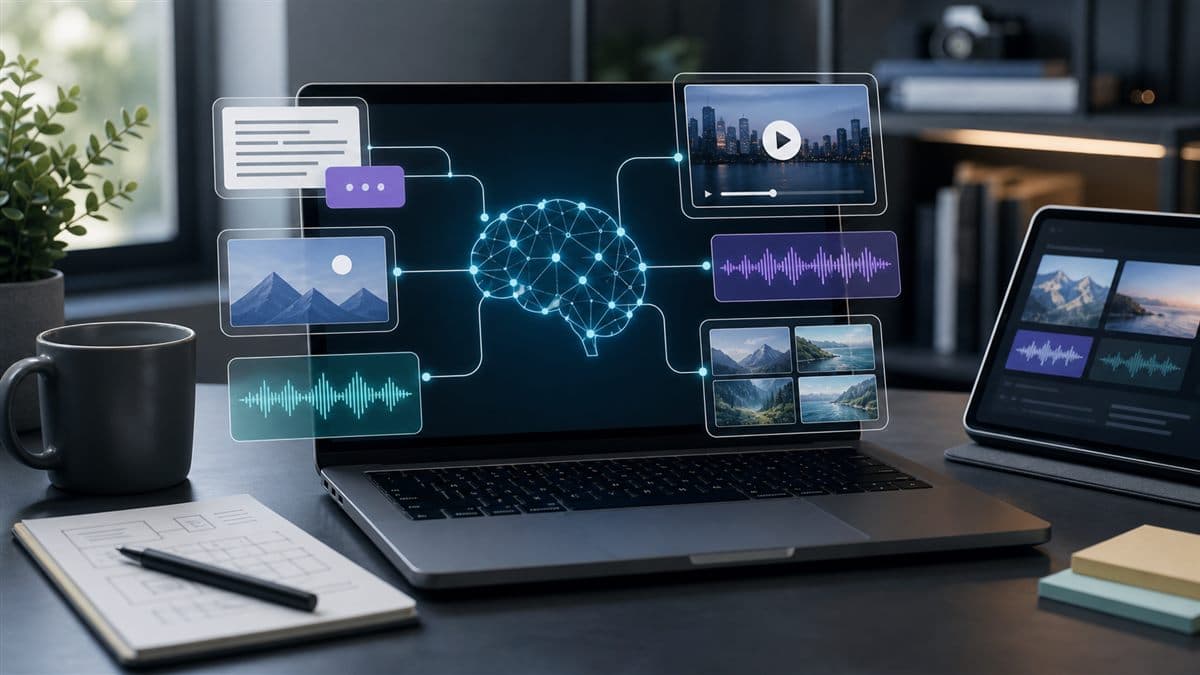 IA multimodal com texto imagem audio e video conectados em um fluxo digital