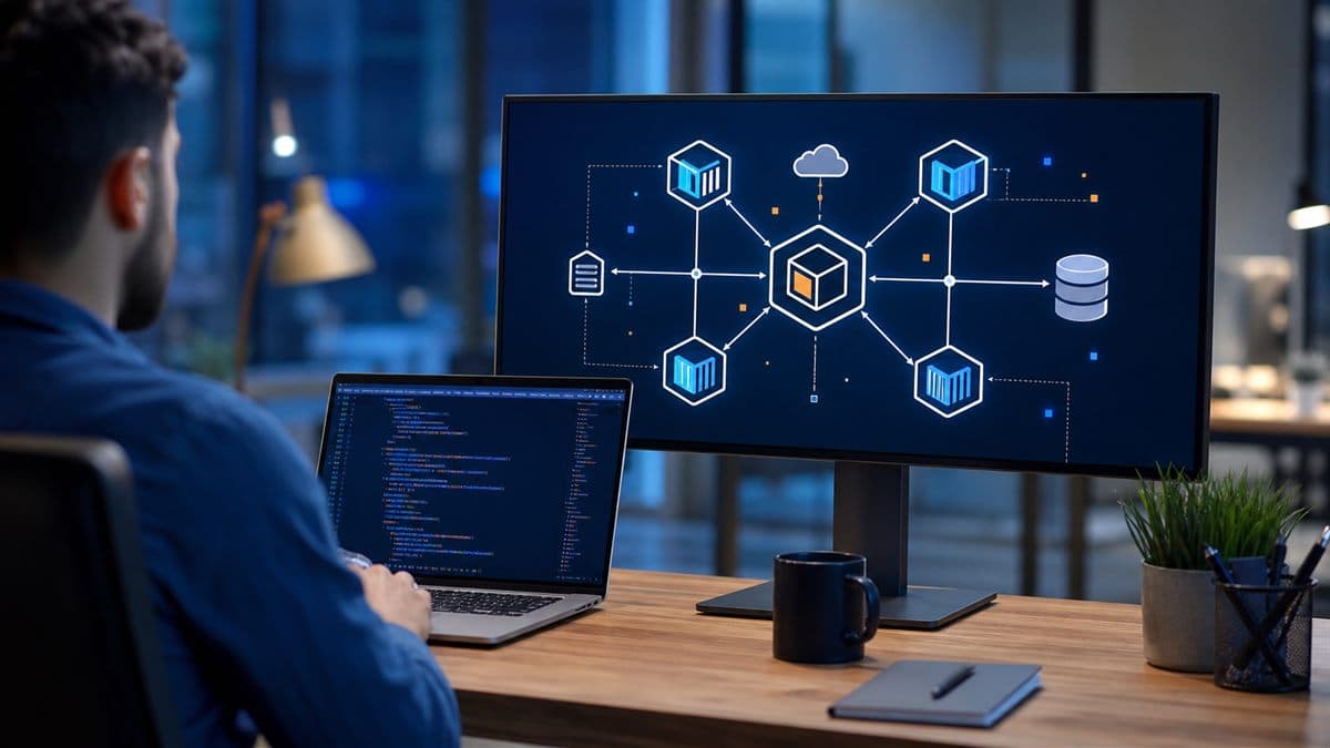 Microsserviços para iniciantes mostrando serviços conectados em arquitetura back-end