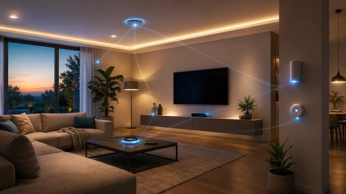 Sala inteligente com dispositivos conectados por automação residencial baseada em inteligência artificial