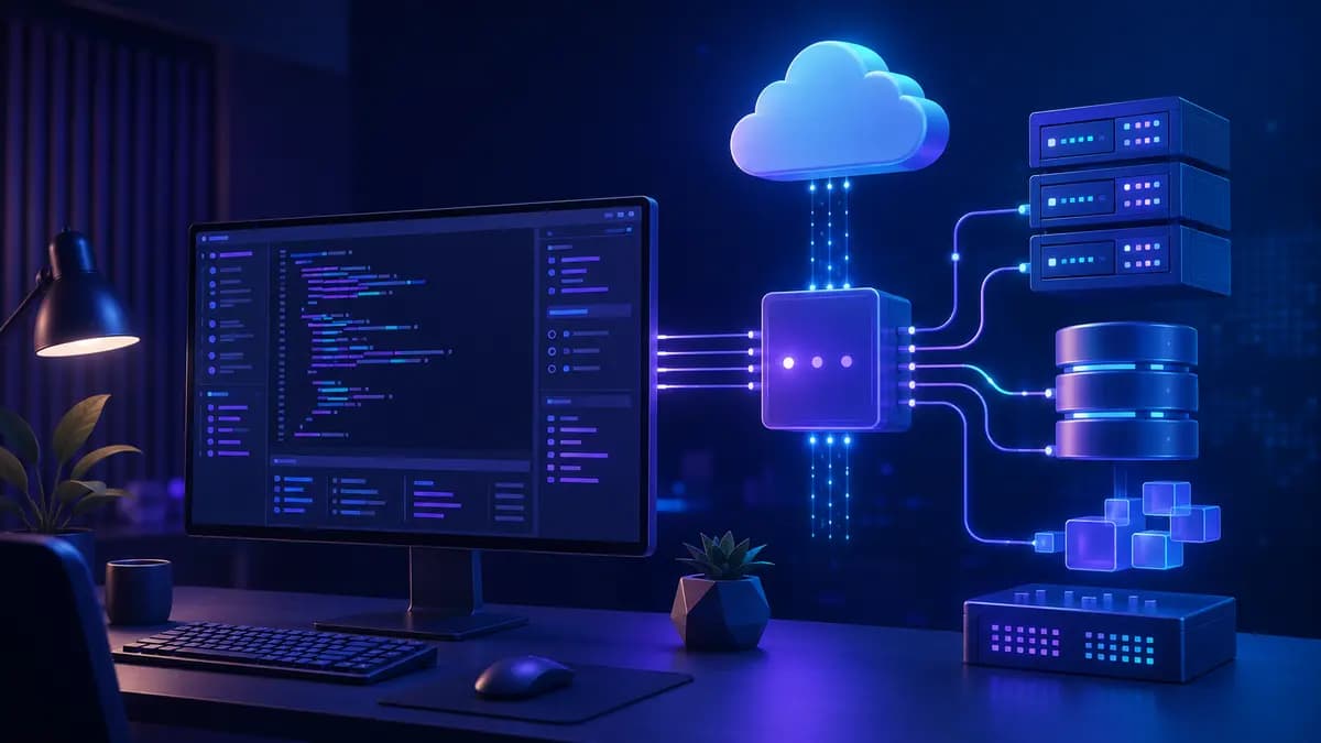 Ambiente de desenvolvimento backend conectado a servidor, banco de dados e nuvem