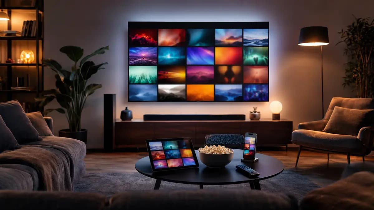 Sala com televisão e dispositivos exibindo opções abstratas de streaming