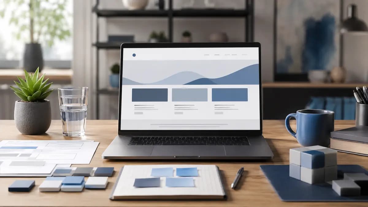 Notebook exibindo uma página visual abstrata em uma mesa com materiais de planejamento de site