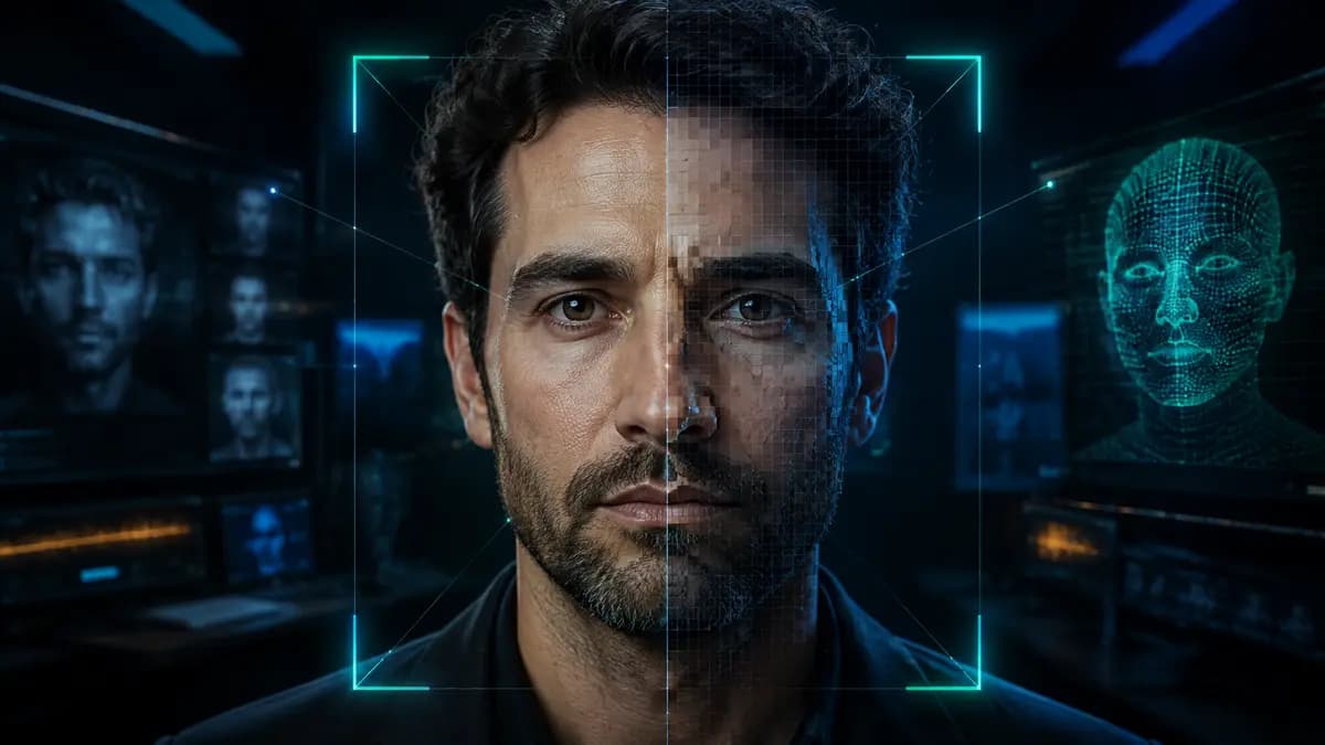 Rosto fictício é analisado por uma moldura forense que compara textura real e reconstrução digital sintética