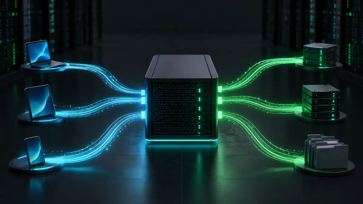 Servidor Nginx recebe solicitações de diferentes dispositivos e distribui o tráfego para aplicações e arquivos estáticos