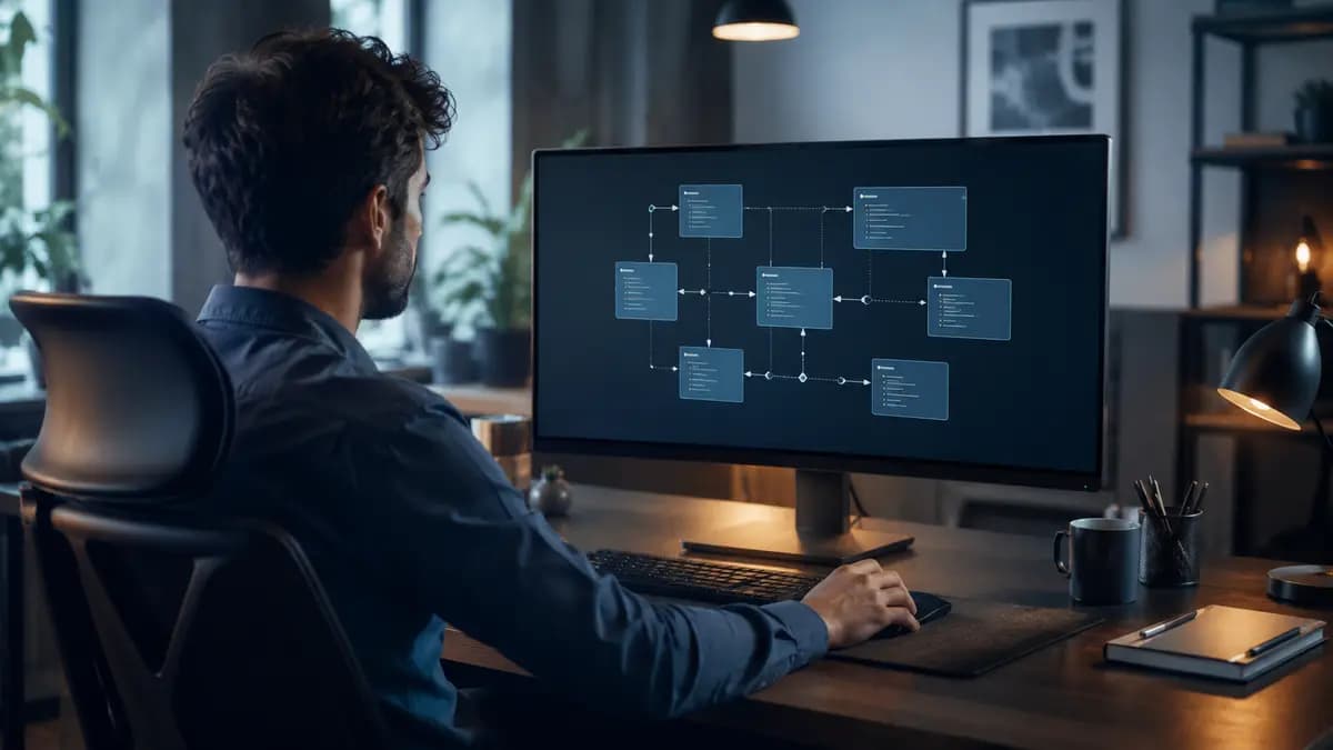 Desenvolvedor modela classes e objetos de uma aplicação Java em um monitor