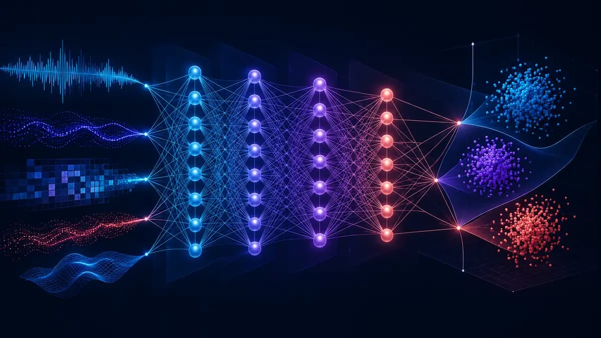 Rede neural artificial em camadas processando diferentes entradas e produzindo classificações