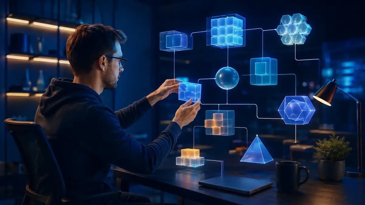 Desenvolvedor organizando módulos geométricos que representam tipos de dados em uma arquitetura de software