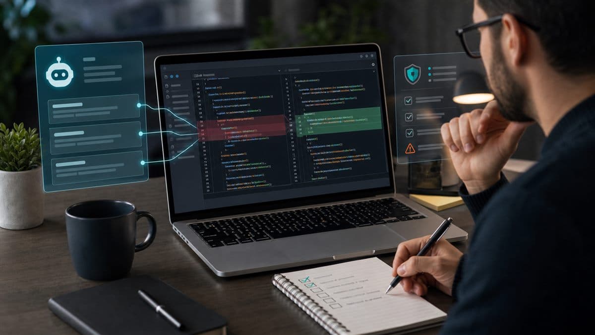 IA para revisar código com desenvolvedor analisando sugestões em editor