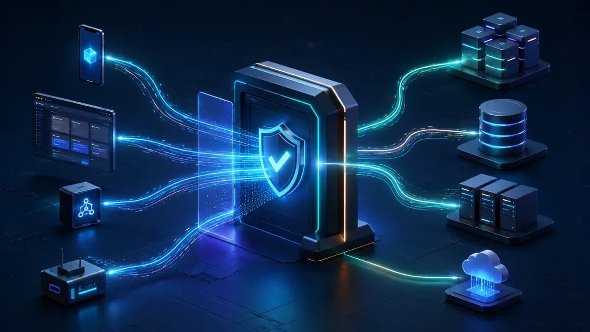 API Gateway recebe requisições de diferentes clientes e as encaminha com segurança para serviços de backend