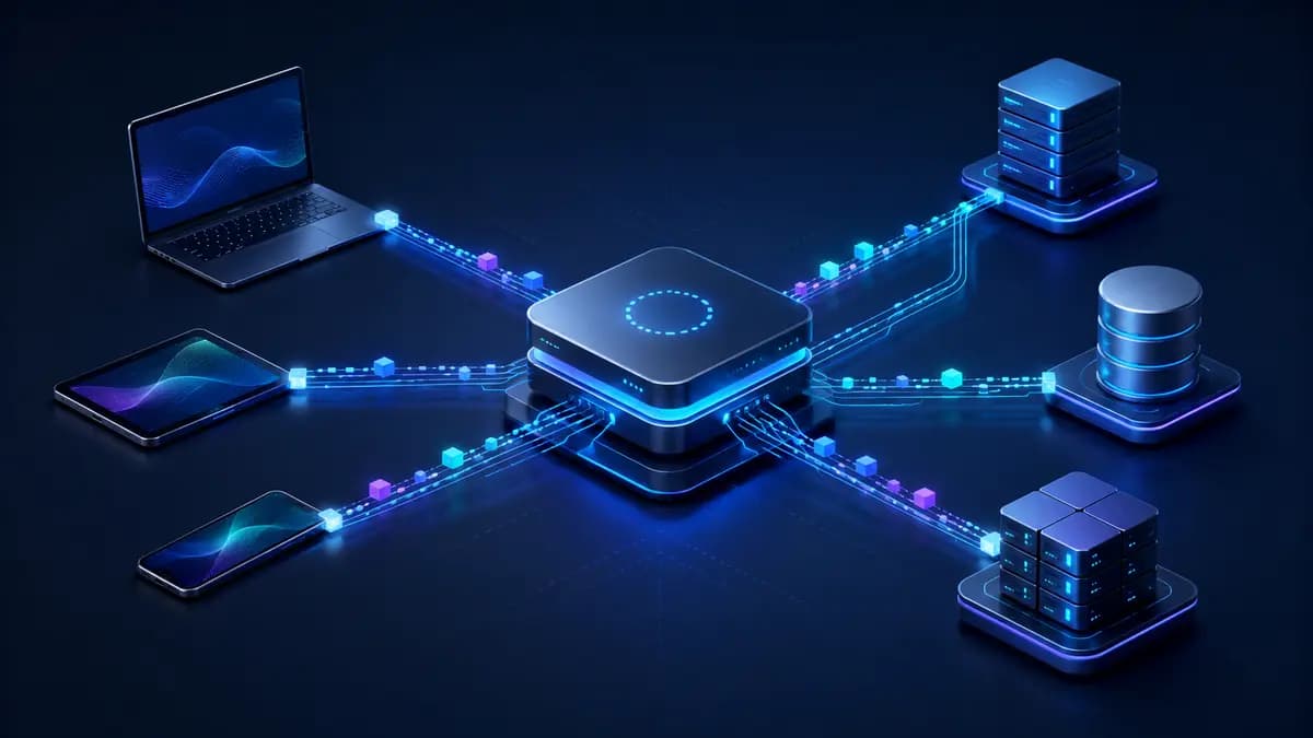 Clientes web e móvel conectados a recursos e servidores por uma interface de API organizada