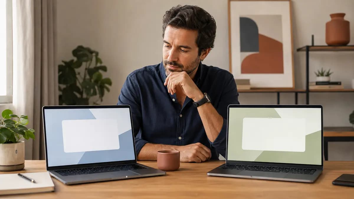 Profissional compara dois assistentes de IA em notebooks lado a lado
