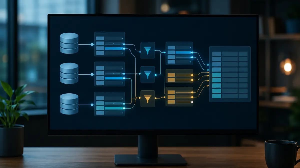 Monitor exibindo fluxo abstrato de bancos de dados, filtros e resultados tabulares