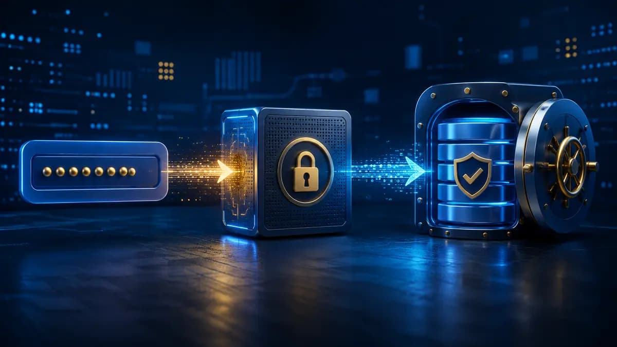 Senha transformada por hashing irreversível antes de ser armazenada em banco protegido