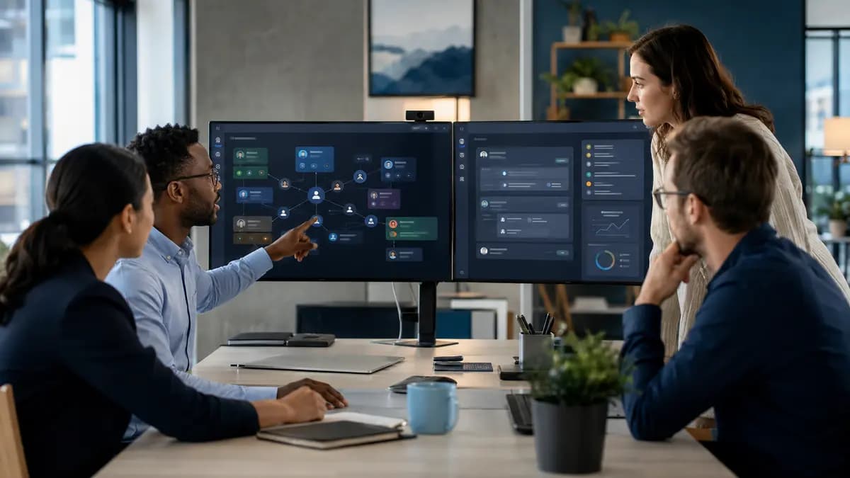 Equipe analisa visão unificada de clientes, oportunidades e atendimentos em um CRM