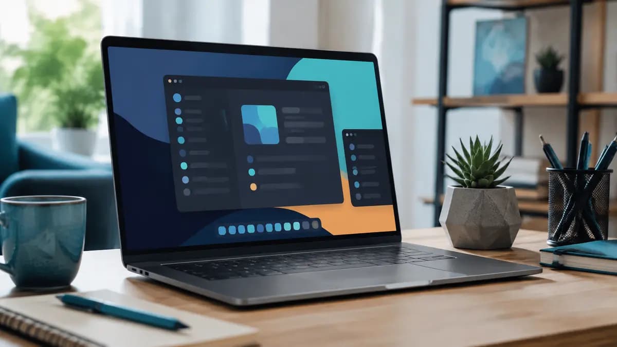 Notebook com ambiente de trabalho abstrato em uma mesa iluminada