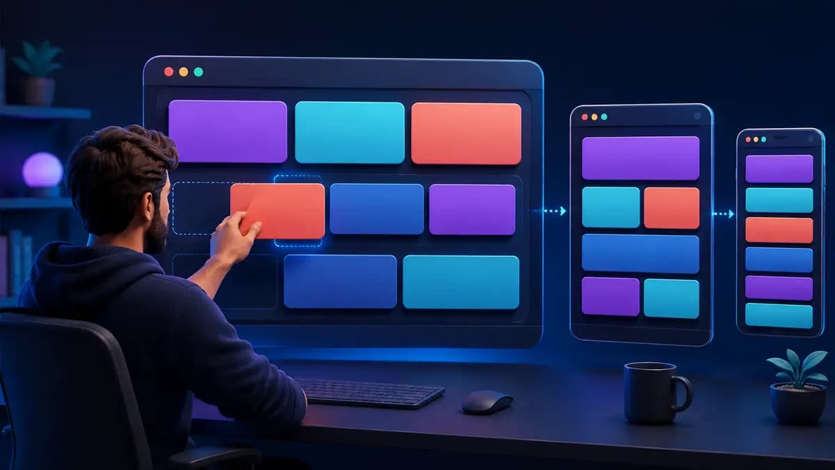 Desenvolvedor reorganizando cartões de interface em telas de diferentes tamanhos