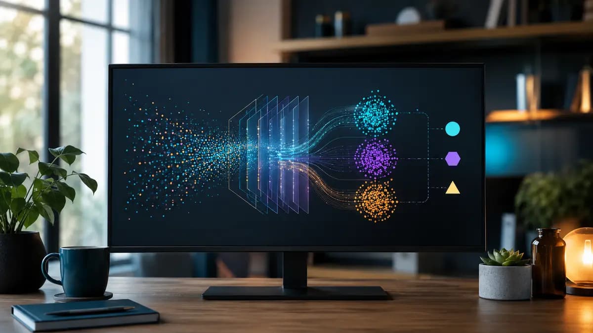 Monitor exibindo fluxo abstrato de dados transformados em grupos e previsões