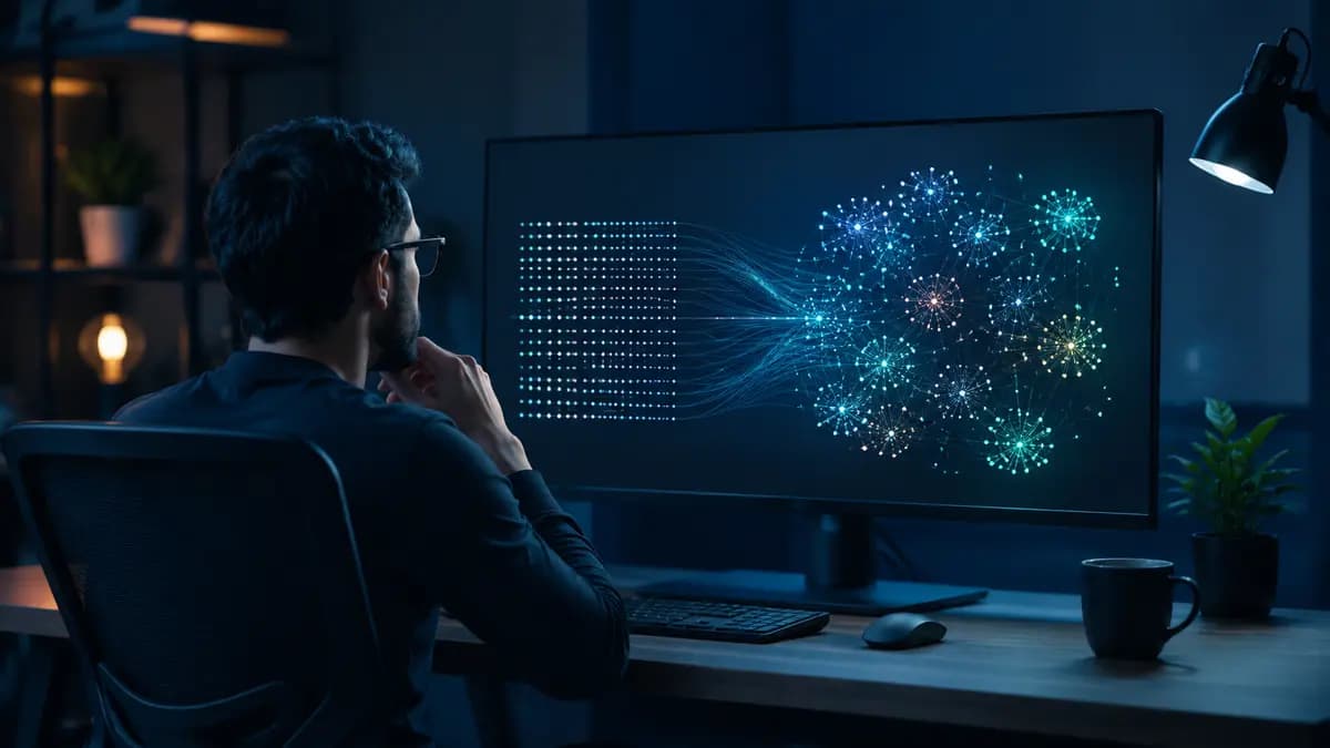 Desenvolvedor analisando dados relacionais transformados em vetores no PostgreSQL