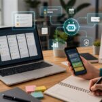 Apps de produtividade com IA organizando tarefas em celular e notebook