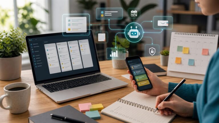 Apps de produtividade com IA organizando tarefas em celular e notebook