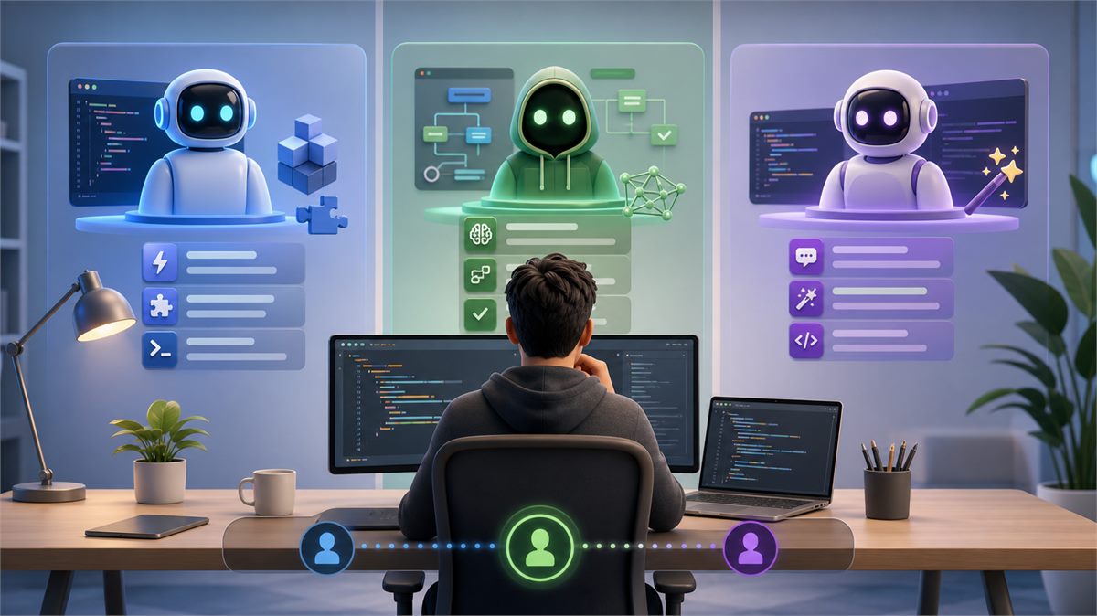GitHub Copilot vs Cursor AI vs Codeium em comparação visual de ferramentas de IA para programação.