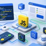 JavaScript moderno em uma interface de desenvolvimento com módulos, eventos e fluxo assíncrono.