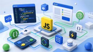 JavaScript moderno em uma interface de desenvolvimento com módulos, eventos e fluxo assíncrono.
