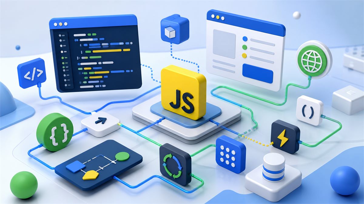 JavaScript moderno em uma interface de desenvolvimento com módulos, eventos e fluxo assíncrono.