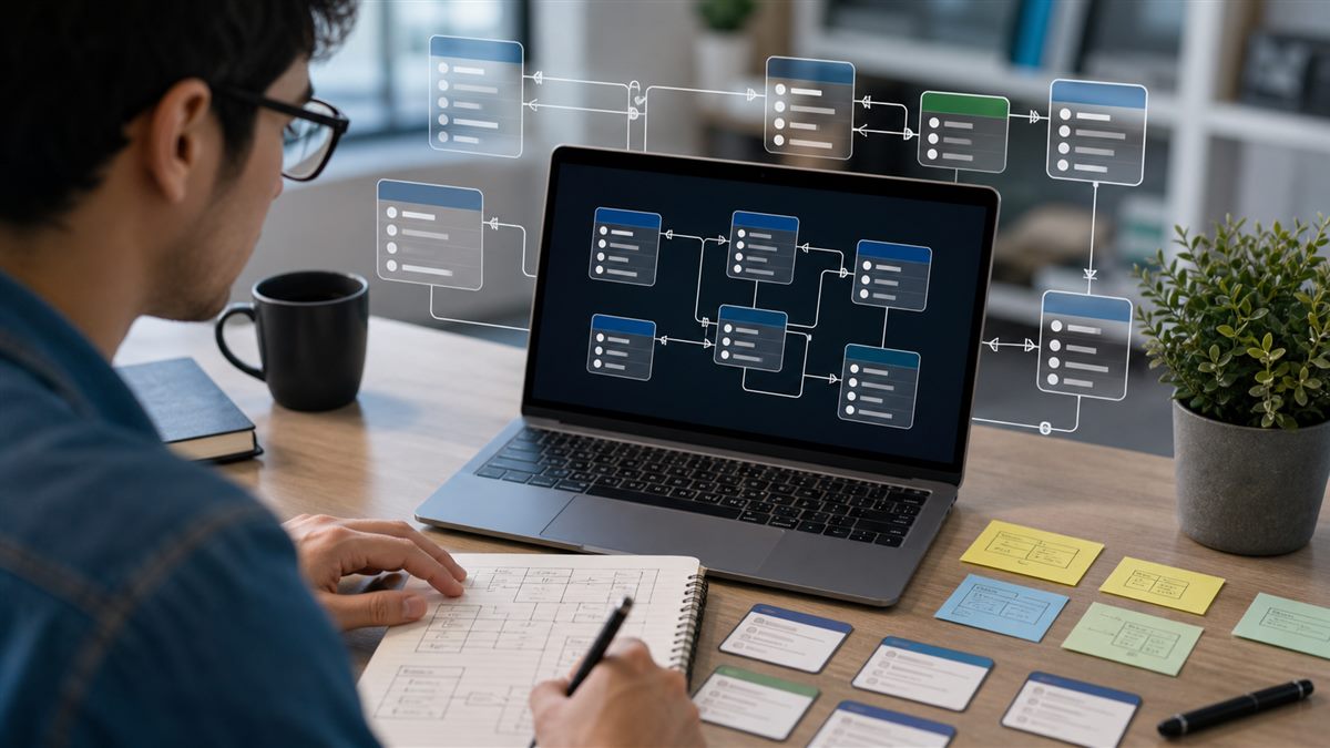 Modelagem de dados com entidades e relacionamentos em diagrama visual