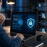 Proteger dados na IA com cadeado digital e interface de inteligência artificial