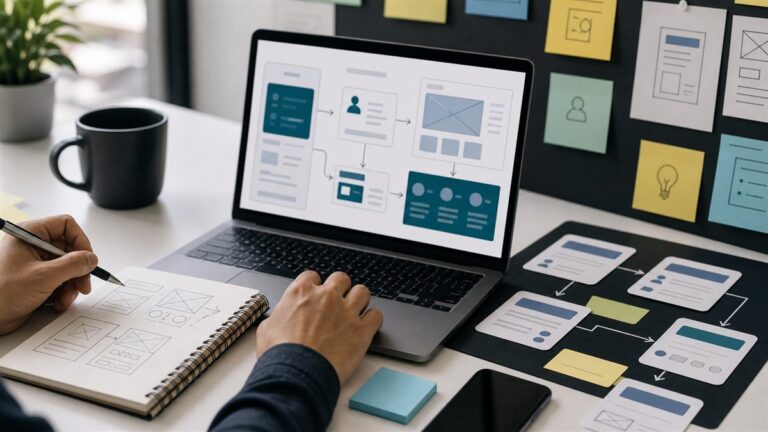 UX para desenvolvedores com wireframes e interface em notebook